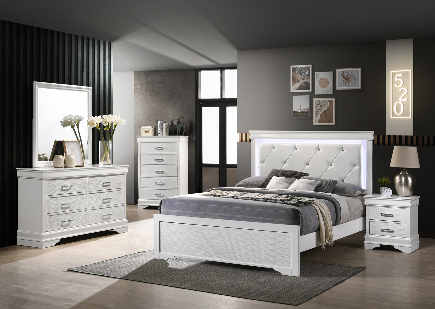 Queen 5 Pc Tufted Upholstery LED Bedroom set made with Wood in White