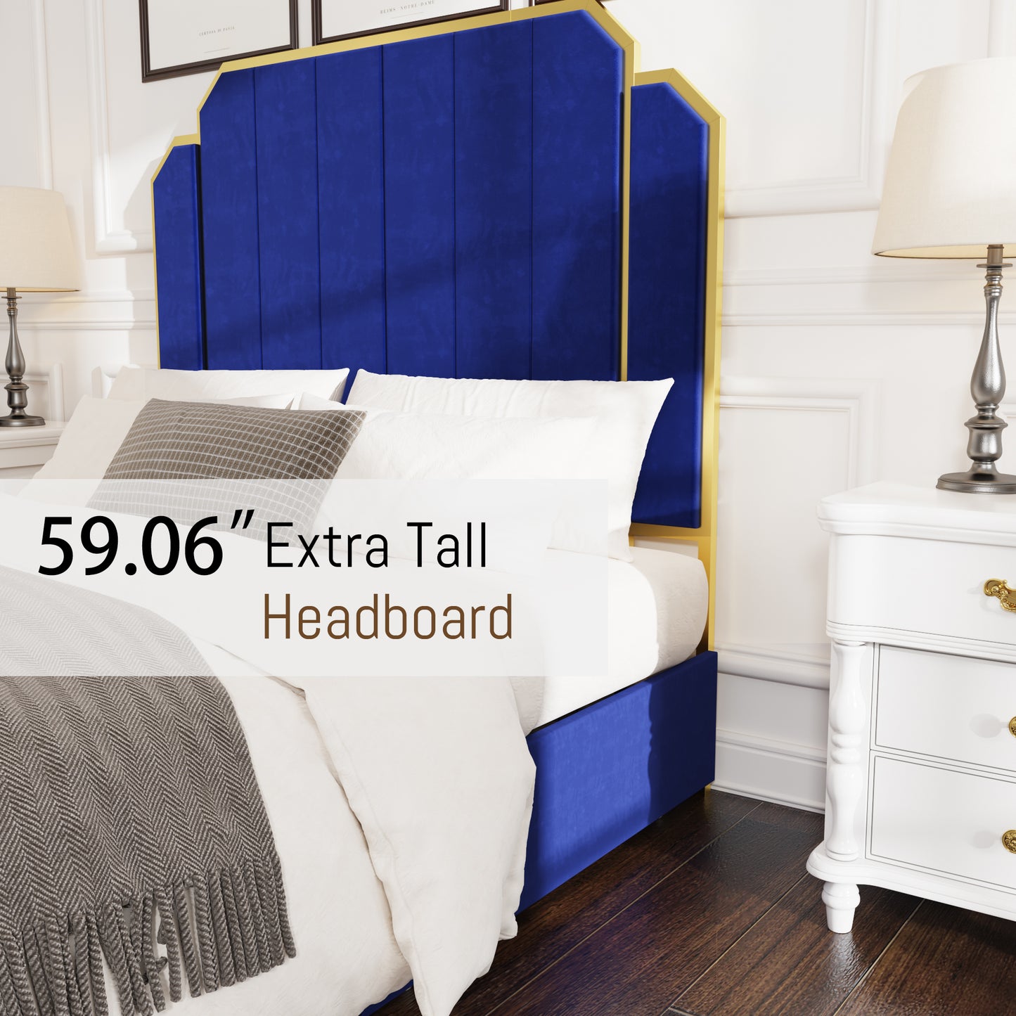 Queen Size Bed Frame and 59.06" Headboard, Upholstered Bed with Golden Plating Trim, Modern Platform Bed No Box Spring Needed, Navy Blue Queen Bed