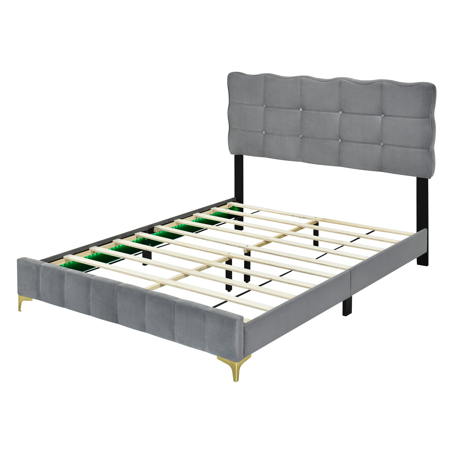 Queen Size Velvet Platform Bed with LED Frame and Stylish Mental Bed Legs, Gray