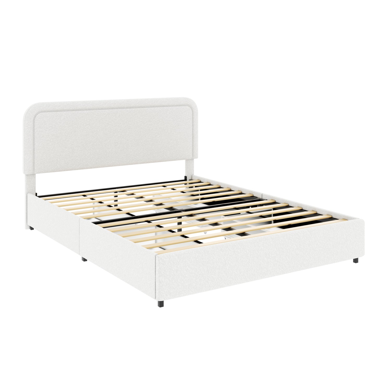 Identique au lit plateforme capitonné Queen Size Liv ivoire avec 4 tiroirs de rangement brevetés, tête de lit capitonnée incurvée et cousue, support de matelas à lattes en bois, pas besoin de sommier