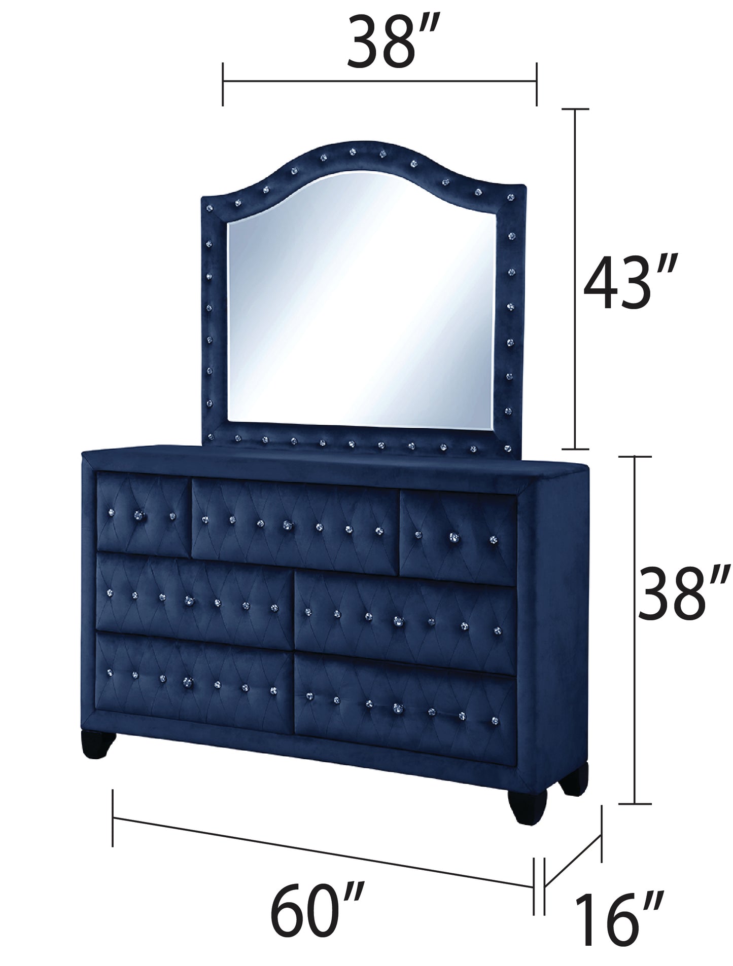 Juego de dormitorio de 4 piezas con estilo moderno con mechones de cristal y madera en color azul