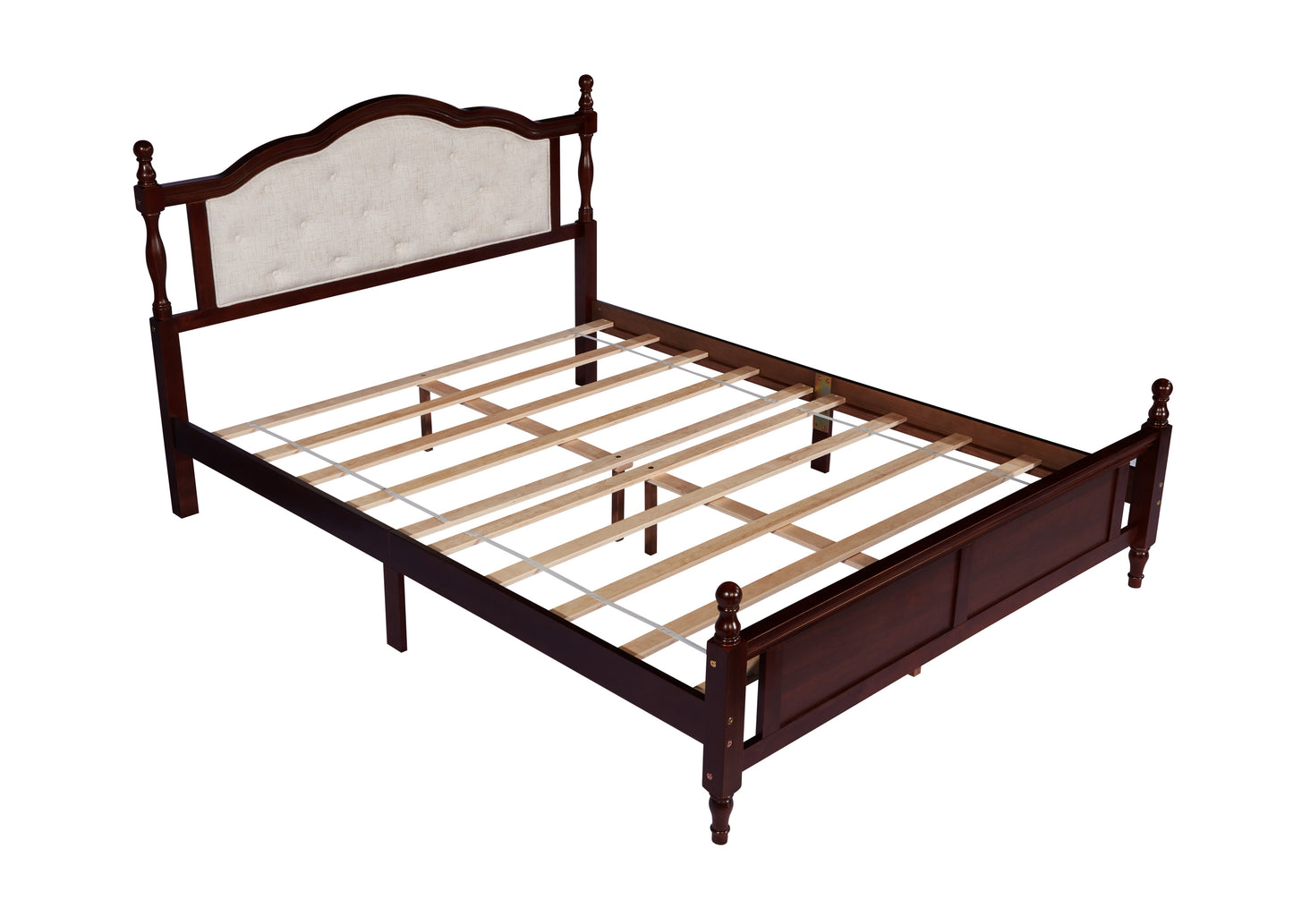 Queen Pine wooden Bed with Upholstered Headboard  and Panel Footboard, with  Two Bed Rail Support Feet and Central Platform Support Feet ,Classic Cherry