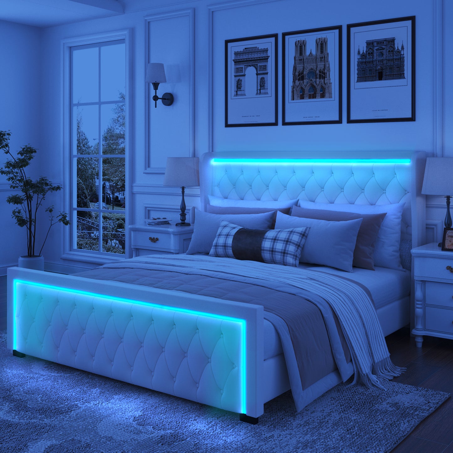 King Platform Bed Frame With High headboard, Velvet Upholstered Bed with Deep Tufted Buttons, Adjustable Colorful LED Light Decorative Headboard, Wide Wingbacks, GREY