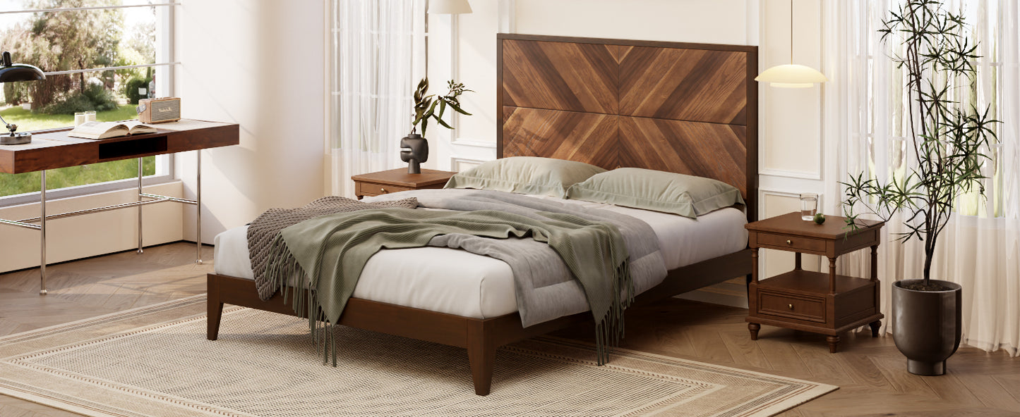 Mid-Century Modern Platform Bed Wood Slat Support with No Box Spring Needed,Queen, Walnut