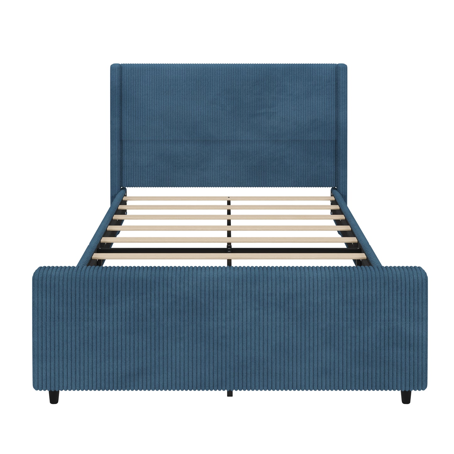 50.7'' High Headboard Corduroy Upholstered Bed Frame with Vertical Stripe Wingback and High Footboard No Box Spring Needed, Queen Size, Blue