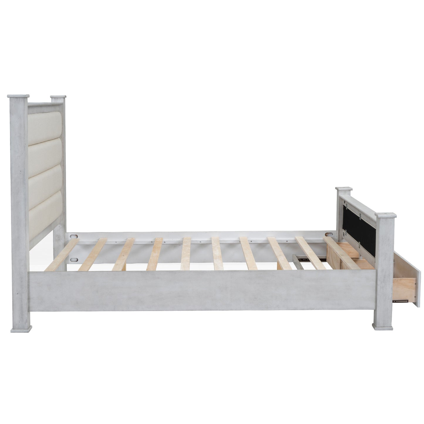 Queen Size Wood Frame Platform Bed with Upholstered Headboard, Footboard and 2 Drawers, Antique White