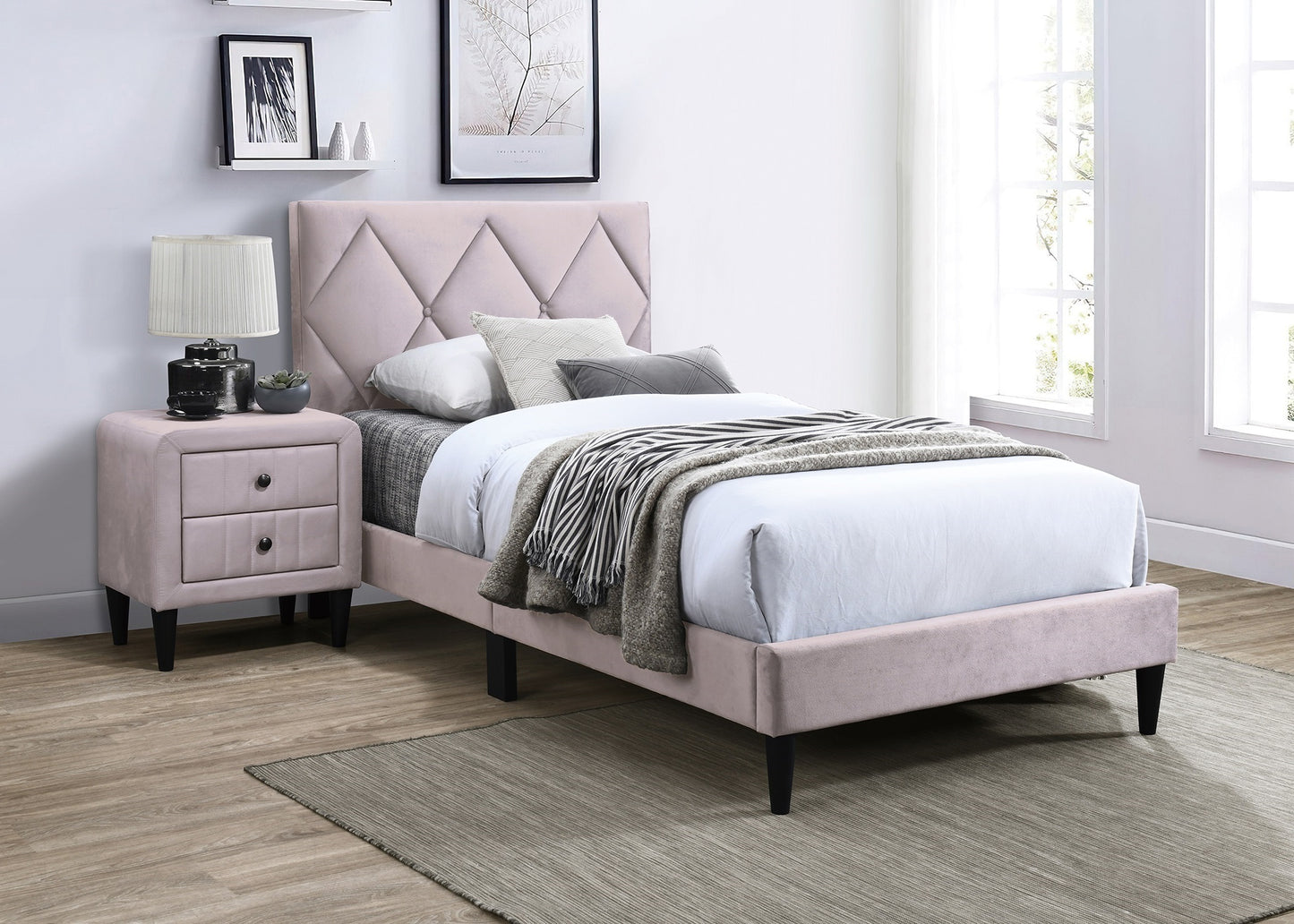 Full Size Bed w Adjustable Headboard 1pc Bedframe, Light Pink Velvet Upholstered Youth Bedroom Furniture