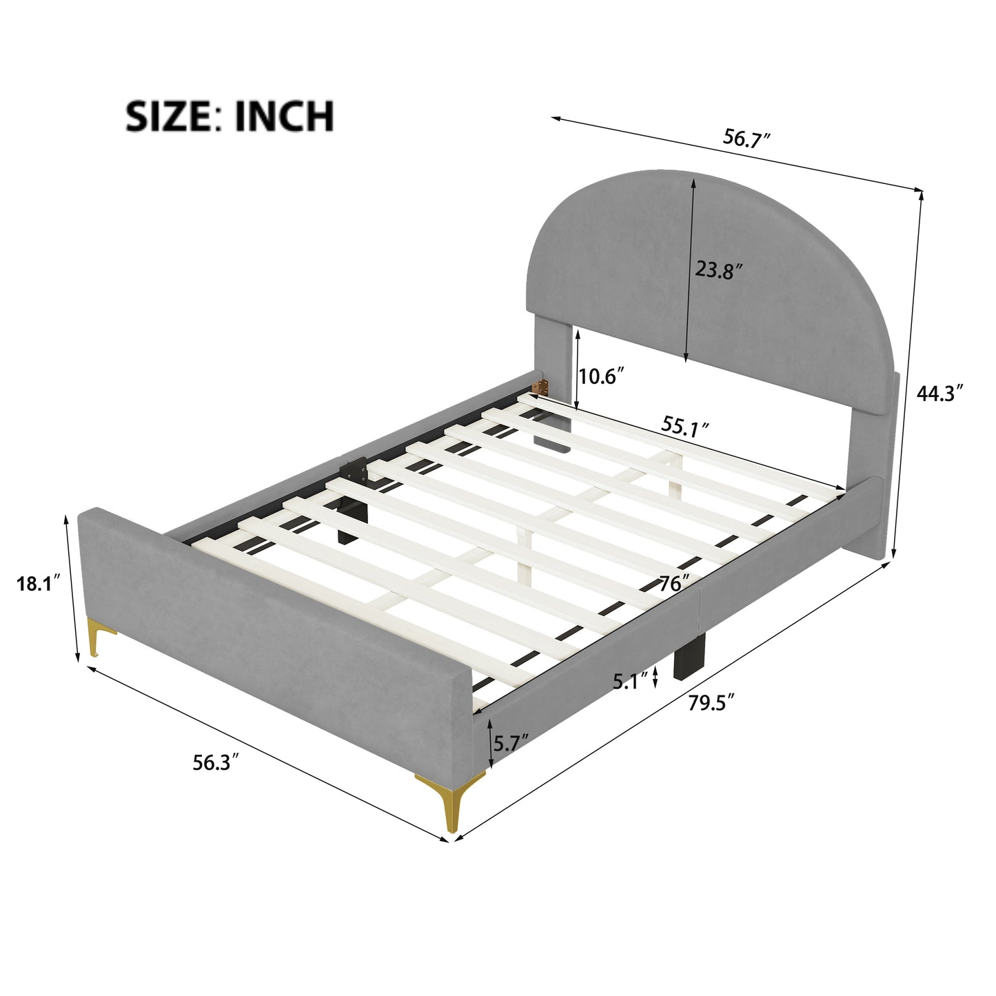 Full Size Upholstered Platform Bed with Classic Semi-circle Shaped headboard and Mental Legs, Velvet, Gray