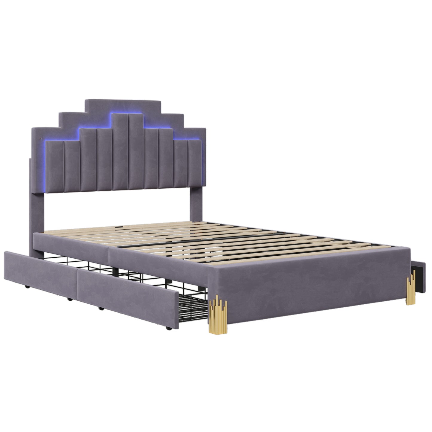 Full Size Upholstered Platform Bed with LED Lights and 4 Drawers, Stylish Irregular Metal Bed Legs Design, Gray