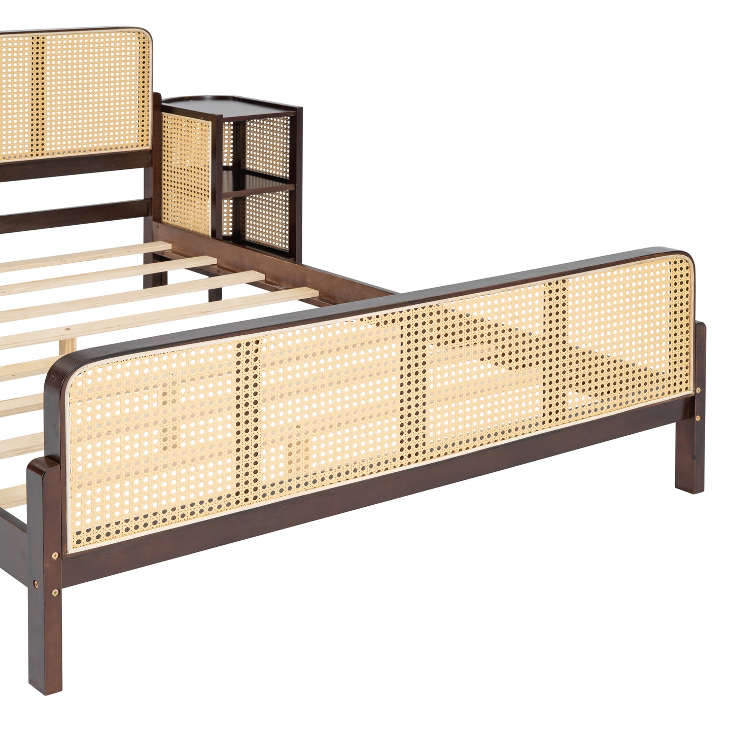 3 Pieces Rattan Platform Full Size Bed With 2 Nightstands,Walnut