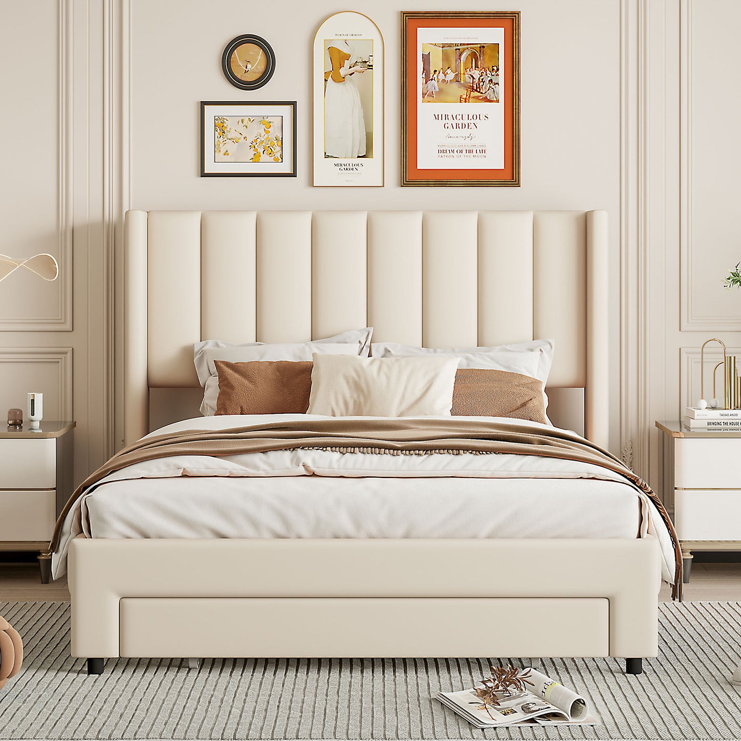 Full Size Storage Bed Velvet Upholstered Platform Bed with a Big Drawer - Beige(old sku:WF296850AAA)