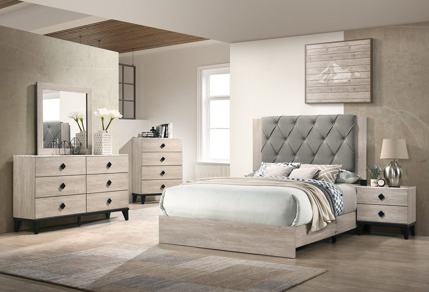 Contemporary 1pc Cream Finish Eastern King Size Bed Bedroom Furniture Gray Tufted Design Headboard Rubberwood 1pc Bedframe