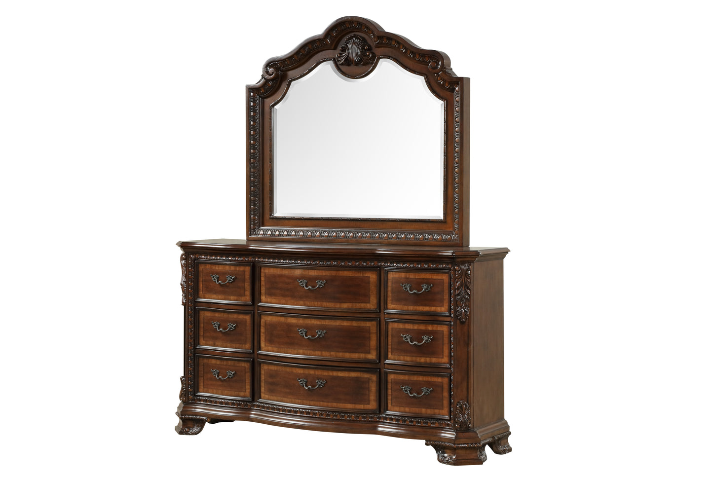 Traditional Style 4 Pc Queen Bedroom Set With Intricate Wood Carvings Made with Wood in Walnut