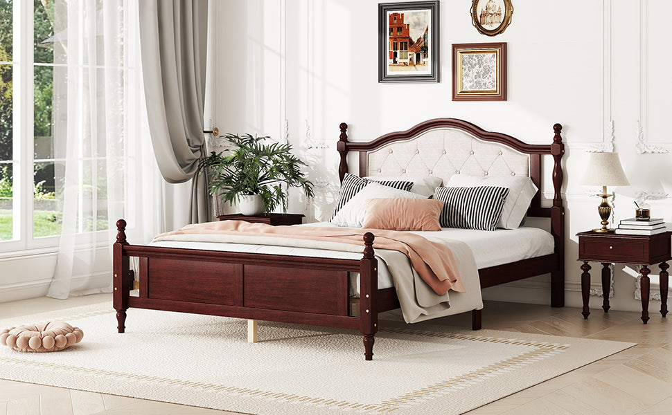 Queen Pine wooden Bed with Upholstered Headboard  and Panel Footboard, with  Two Bed Rail Support Feet and Central Platform Support Feet ,Classic Cherry