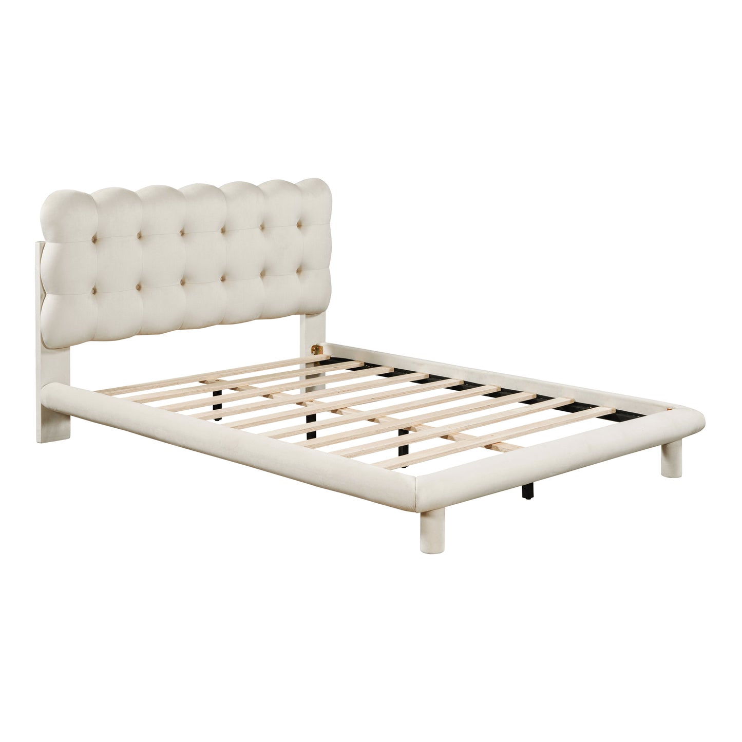 Full Size Velvet Platform Bed with LED Frame, Thick & Soft Fabric and Button-tufted Design Headboard, Beige