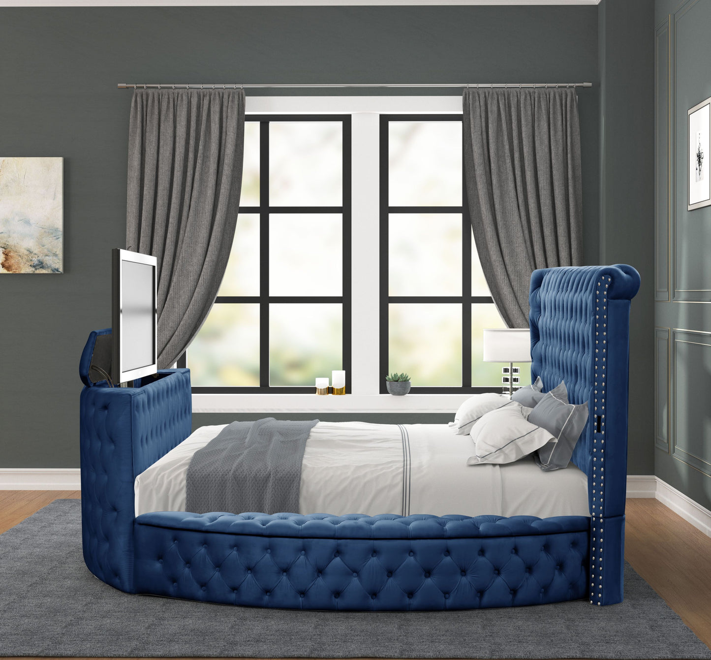 Modern Style Crystal Tufted King Bed Made with wood in Blue