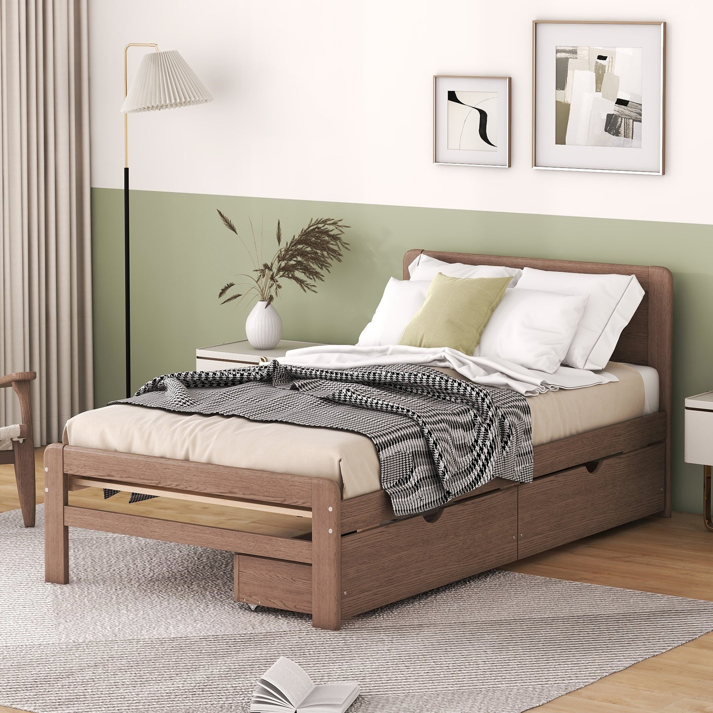 Modern Design Twin Size Platform Bed Frame with 2 Drawers for Walnut Color