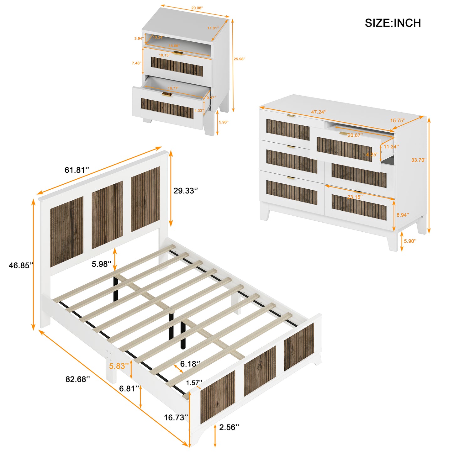 4-Pieces Bedroom Sets, Queen Size Farmhouse Platform Bed with Wooden Strip Decoration, Storage Nightstand and Dresser with Metal Handle, White