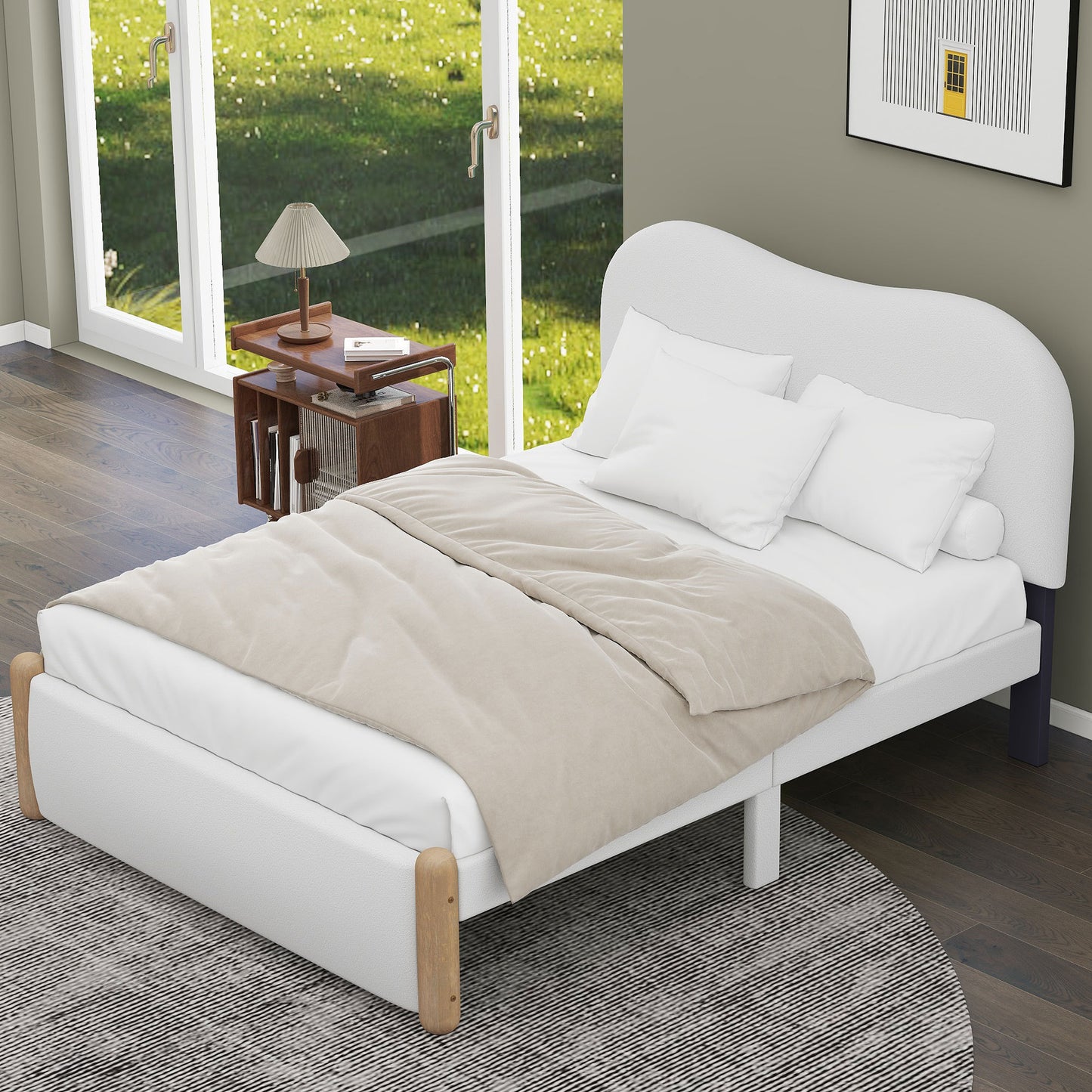 Full Size Upholstered Platform Bed with Wood Supporting Feet, White