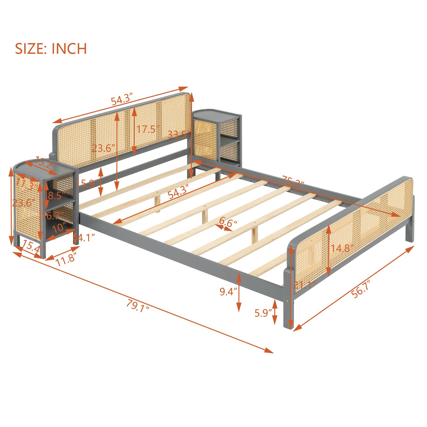 3 Pieces Rattan Platform Full Size Bed With 2 Nightstands,Gray