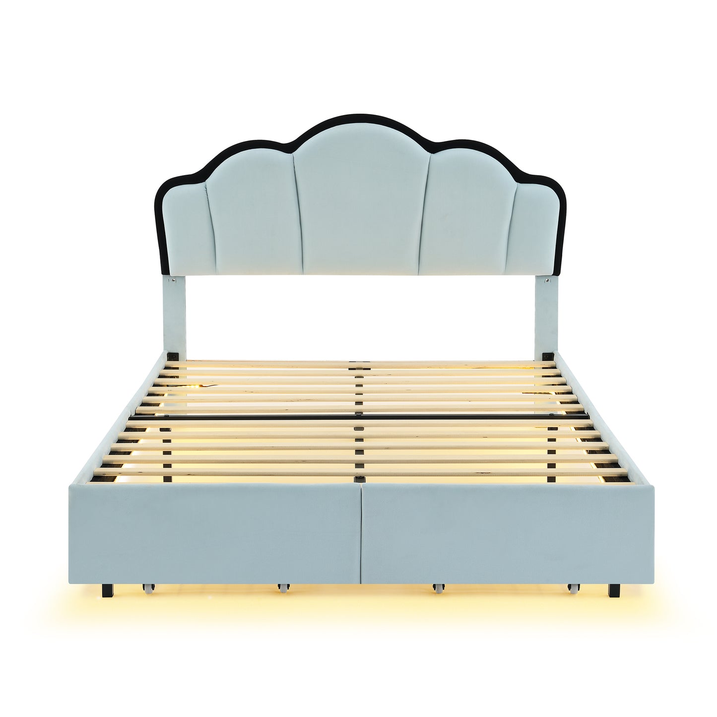 Full Size Upholstered Princess Platform Bed with LED and 2 Storage Drawers, Blue