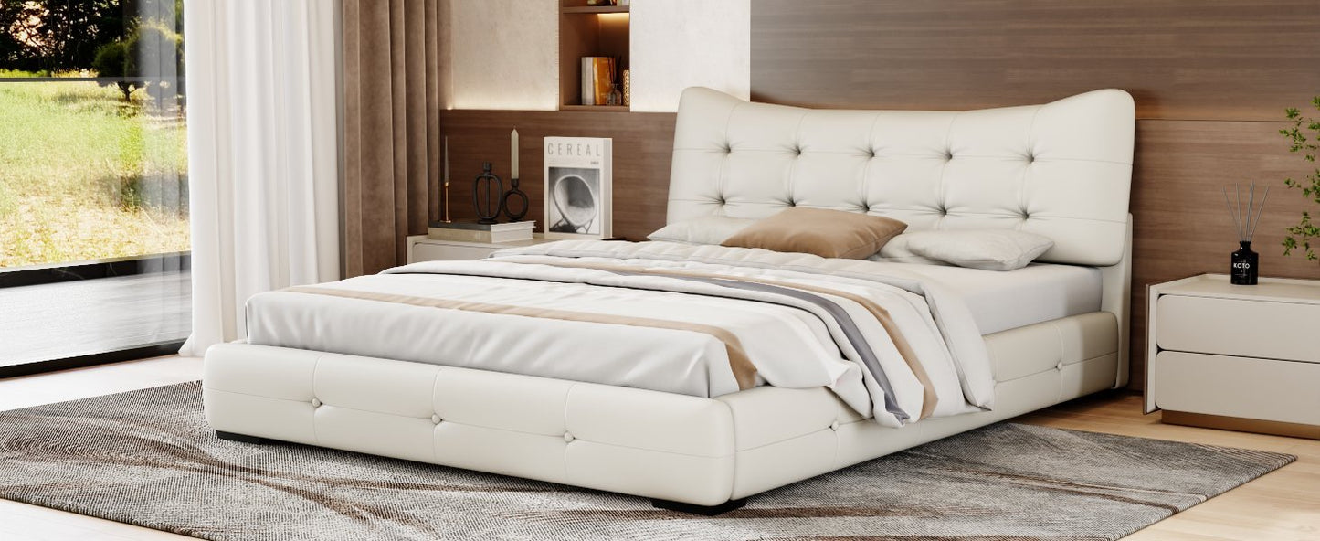 Modern PU Upholstered Queen Bed with Ergonomic Wingback Headboard, No Box Spring Needed, Cream