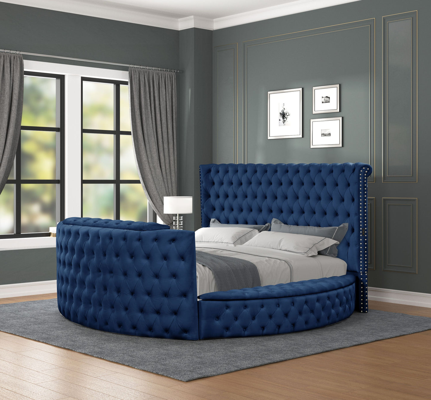 Juego de dormitorio de 5 piezas con mechones de cristal de estilo moderno, tamaño Queen, fabricado con madera en azul