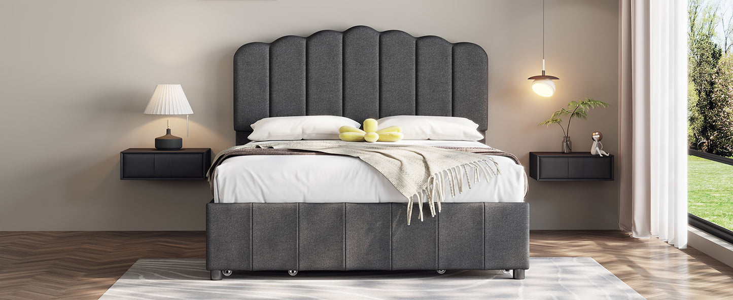 Full Size Upholstered Bed with 4 Storage Drawers,Wood Slat Support, Gray