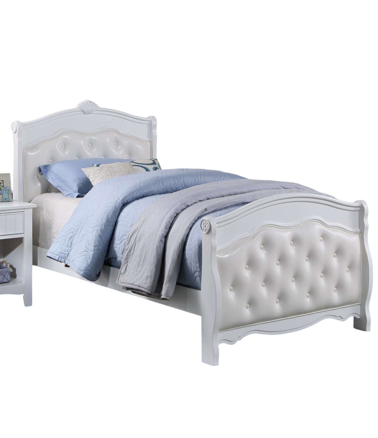 White Full Size Bed Youth Bedroom Furniture White Faux Leather Headboard Footboard Plywood 1pc Bedframe