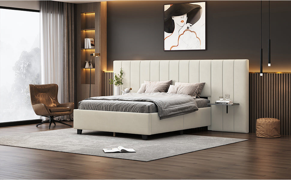 Full Size Upholstered Platform Bed with Big Headboard, Bedroom Furniture, Velvet, Beige