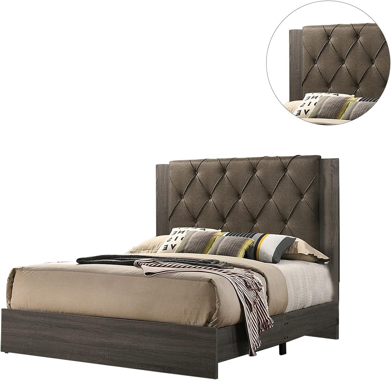 Contemporary 1pc California King Size Bed Bedroom Furniture Tufted Design Headboard Rubberwood 1pc Bedframe Gray Finish