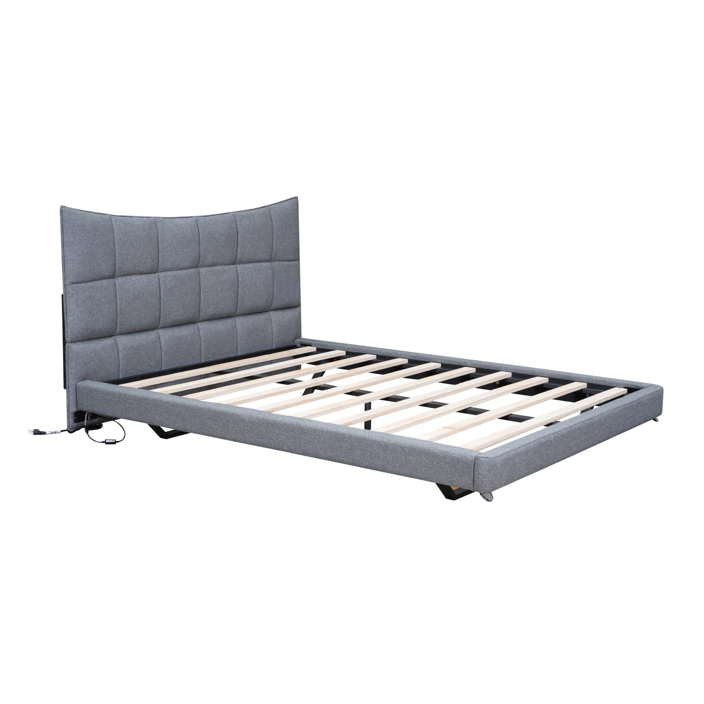 Full Size Upholstered Platform Bed with LED Lights,USB Ports and Outlets,Linen Fabric,Gray