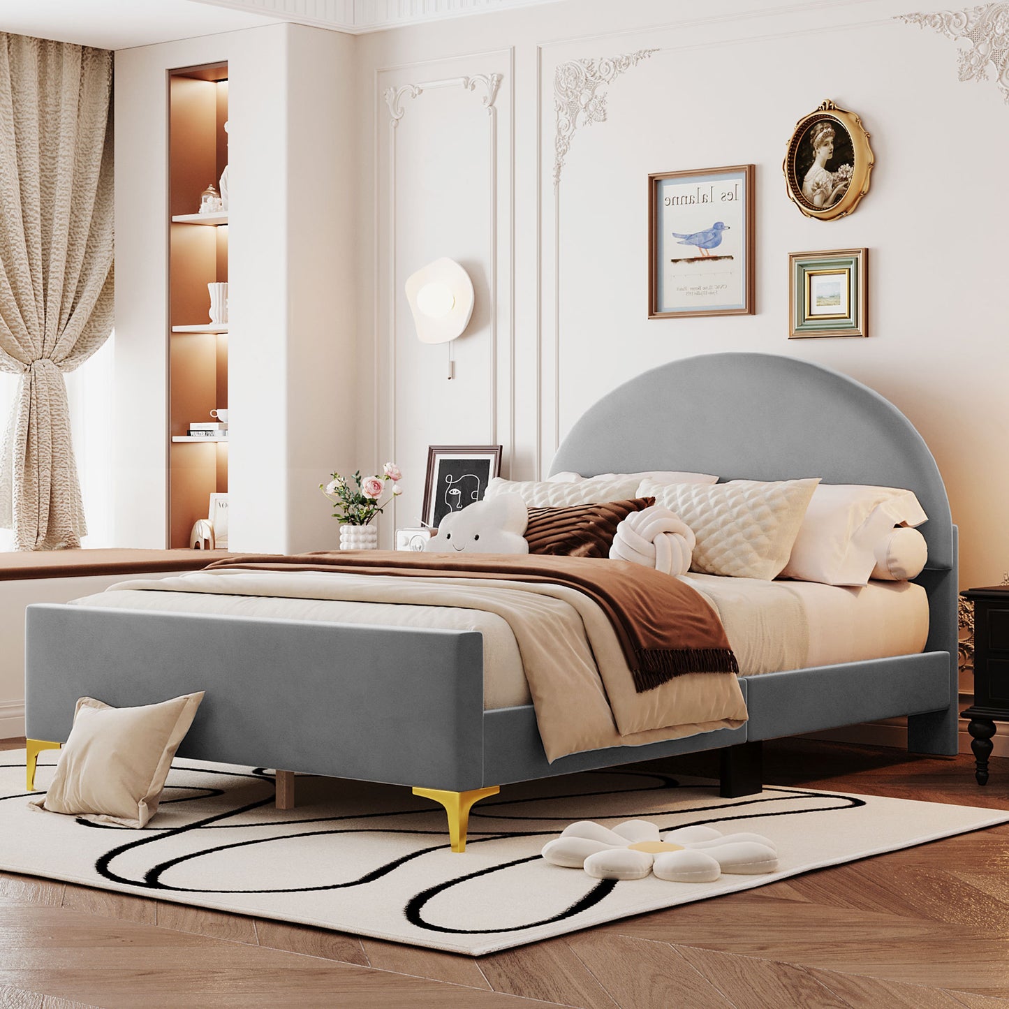 Full Size Upholstered Platform Bed with Classic Semi-circle Shaped headboard and Mental Legs, Velvet, Gray