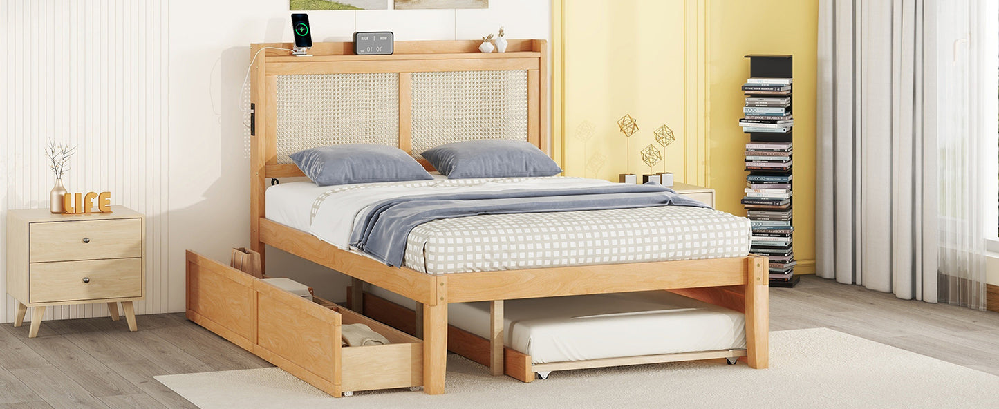 Full Size Elegant Bed Frame with Rattan Headboard and Sockets ,Natural