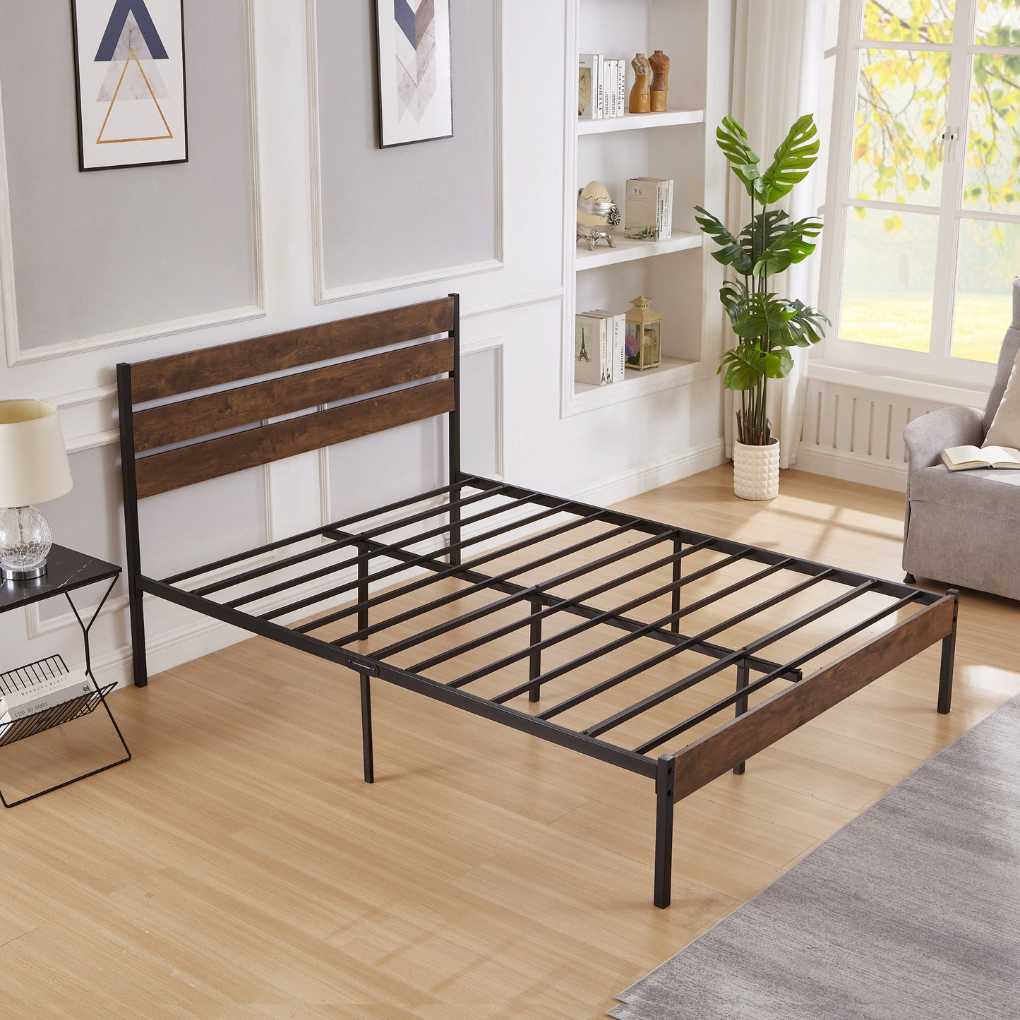 Full Size Bed Frame with Wood Headboard, Metal Frame with Strong Slats, Noise Free,No Box Spring Needed-Brown.