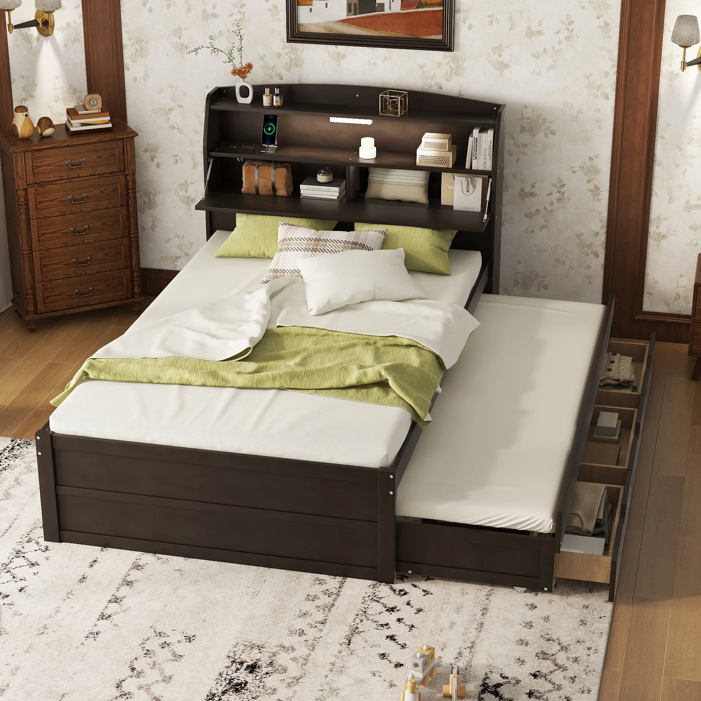 Full Size Wooden LED Platform Bed with Trundle, with Storage Headboard, with Drawers, Brown