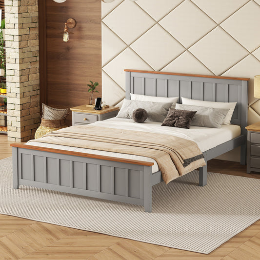 Queen Size Wood Platform Bed Wooden Slat Support, Vintage Simple Bed Frame with Rectangular Headboard and Footboard, Grey