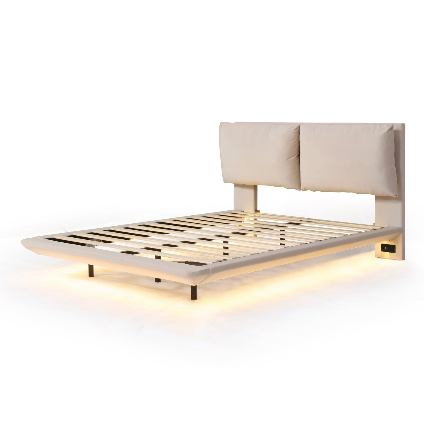 Queen Size Upholstered Platform Bed with Sensor Light and 2 Large Backrests, Stylish Platform Bed with 2 sets of USB Port and Socket on each rear Bed Leg, Beige