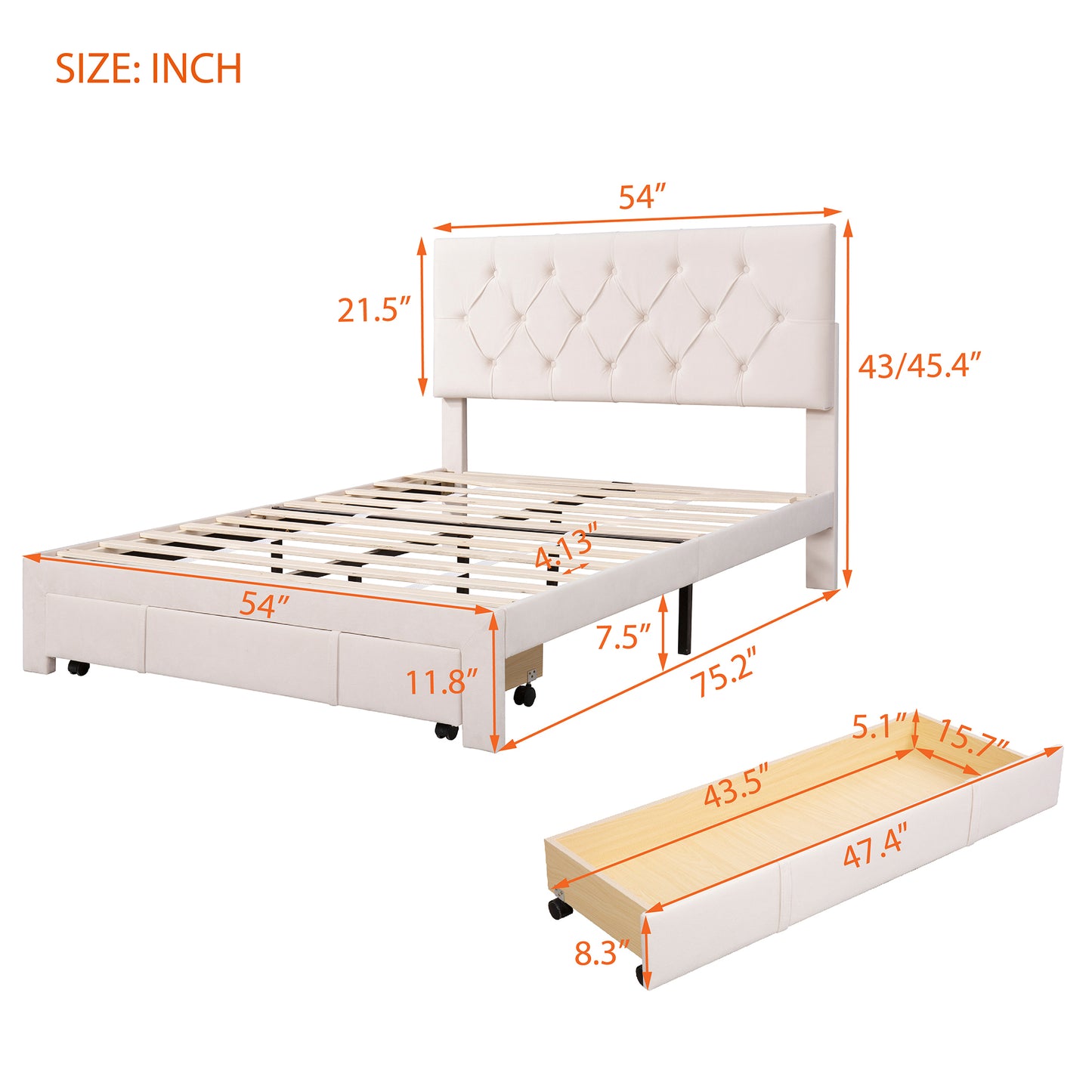 Full Size Storage Bed Velvet Upholstered Platform Bed with a Big Drawer - Beige