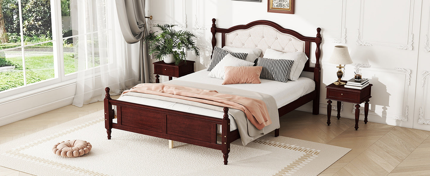 Queen Pine wooden Bed with Upholstered Headboard  and Panel Footboard, with  Two Bed Rail Support Feet and Central Platform Support Feet ,Classic Cherry