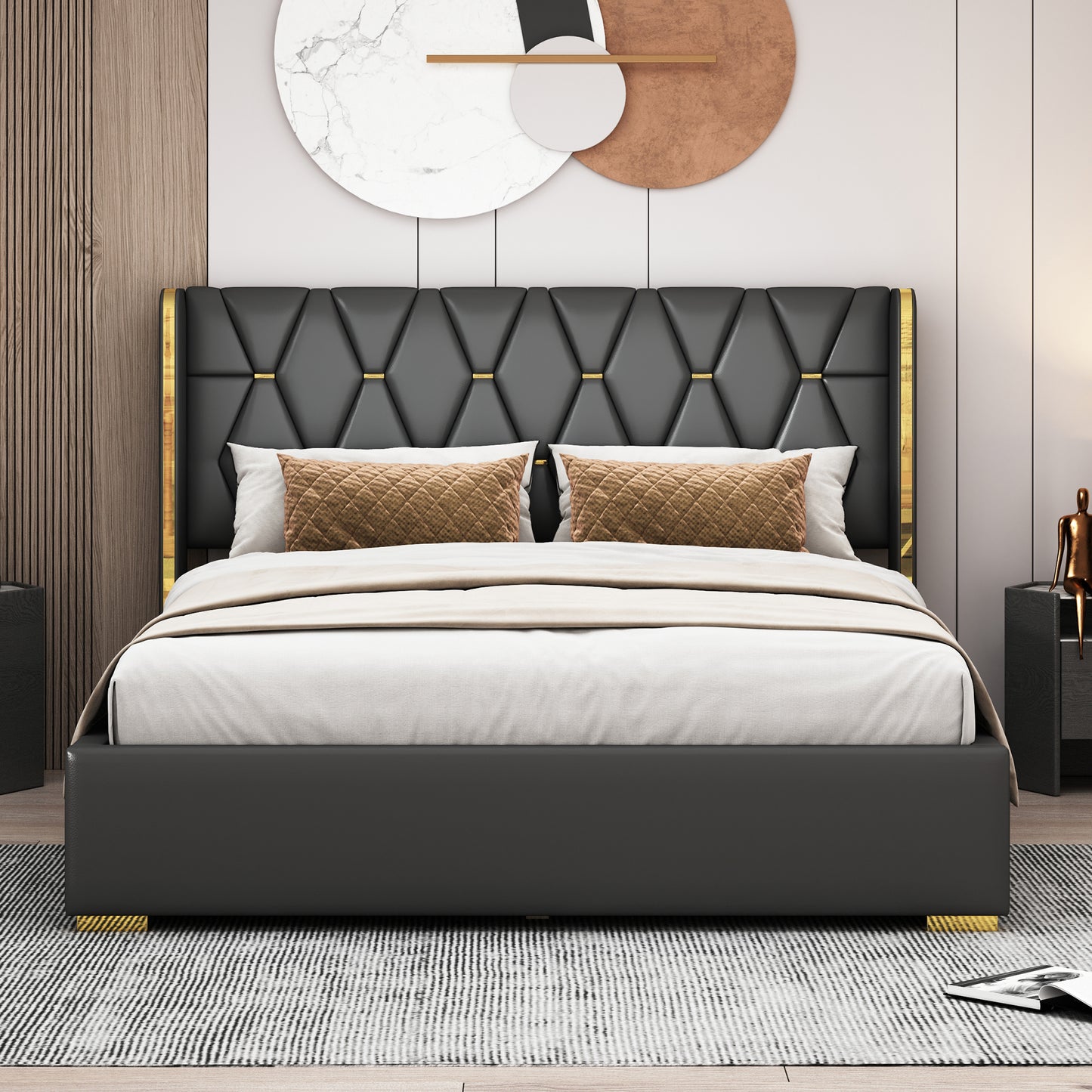 Queen Size Upholstered Platform Bed with Metal Strips, Black