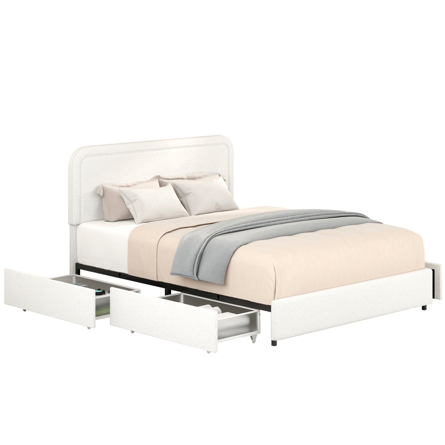 Cama Queen Size con dos cajones y plataforma tapizada en bouclé color marfil, cabecera con mechones curvos y costuras, soporte de colchón con listones de madera, no necesita somier