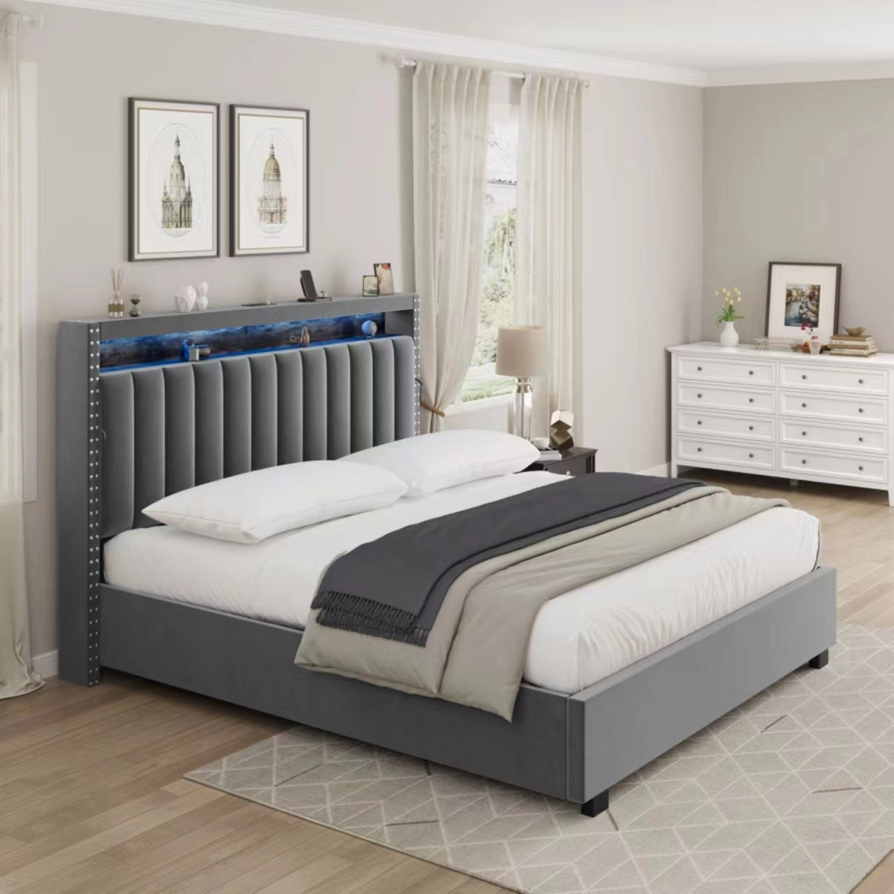 Luxury Gas Lift Storage Bed with RF LED Lights, Storage Headboard ,FULL Size ,Velvet GREY