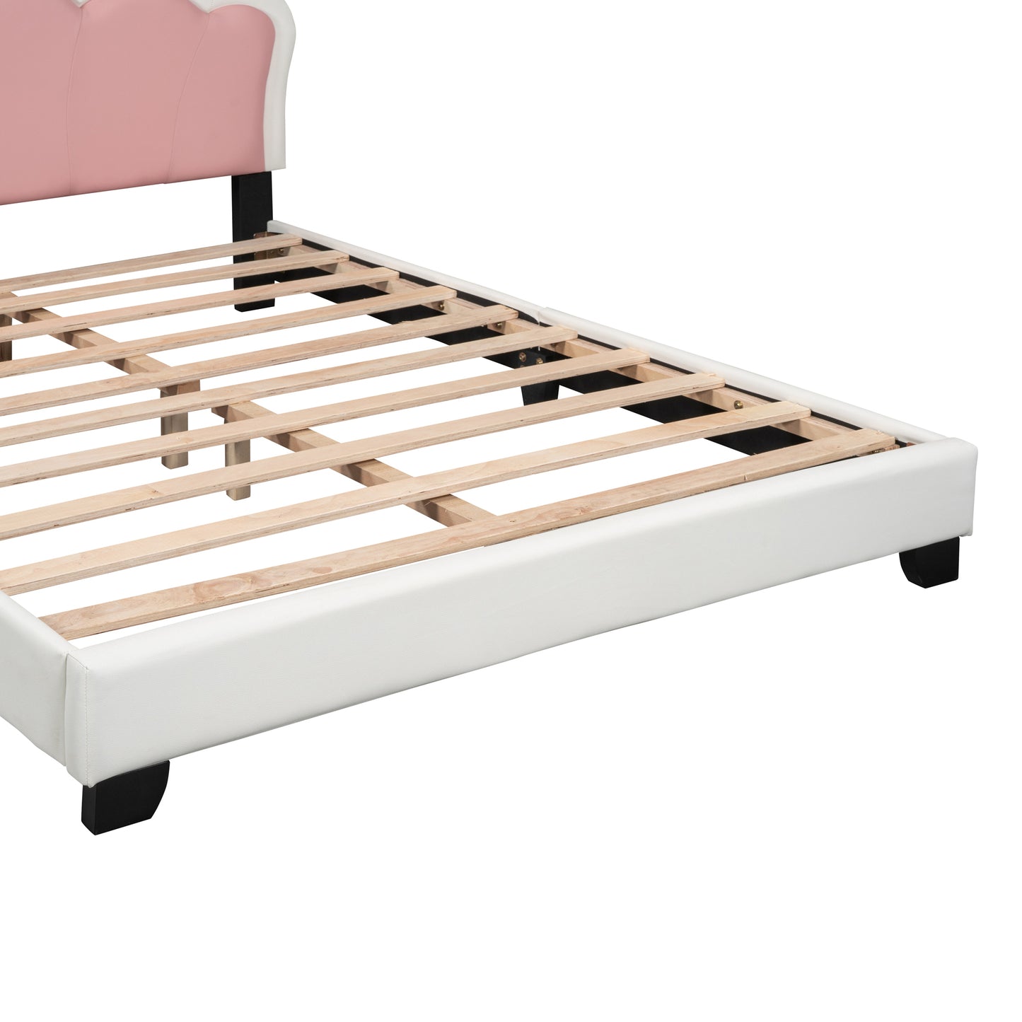 Full size Upholstered Princess Bed With Crown Headboard,Full Size Platform Bed with Headboard and Footboard, White+Pink