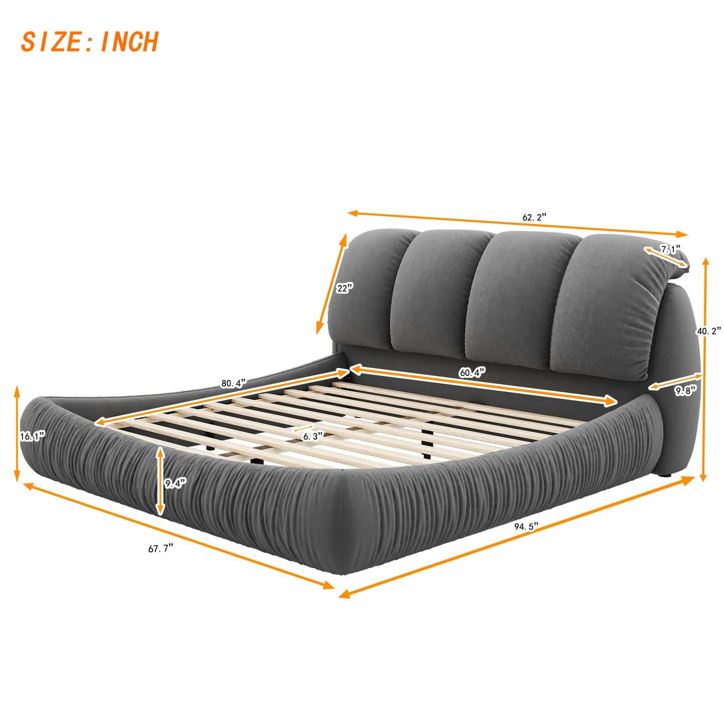 Queen Size Luxury Upholstered Bed With Thick Headboard, Velvet Queen Bed with Oversized Padded Backrest, Gray(Expect Arrival Date 2024/4/2)