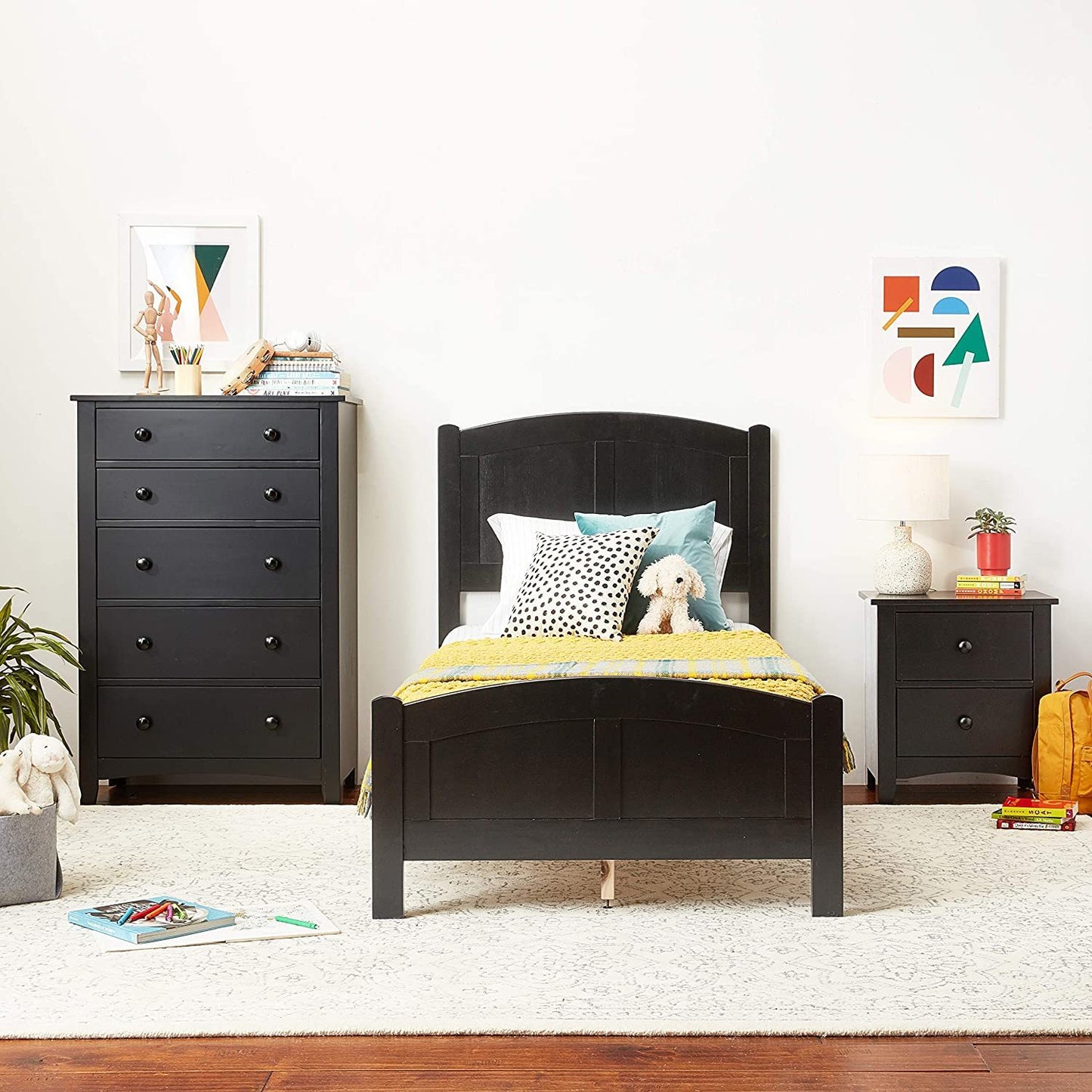 Black Color Twin Size Bed Youth Bedroom Furniture Unique Headboard Footboard Rubberwood