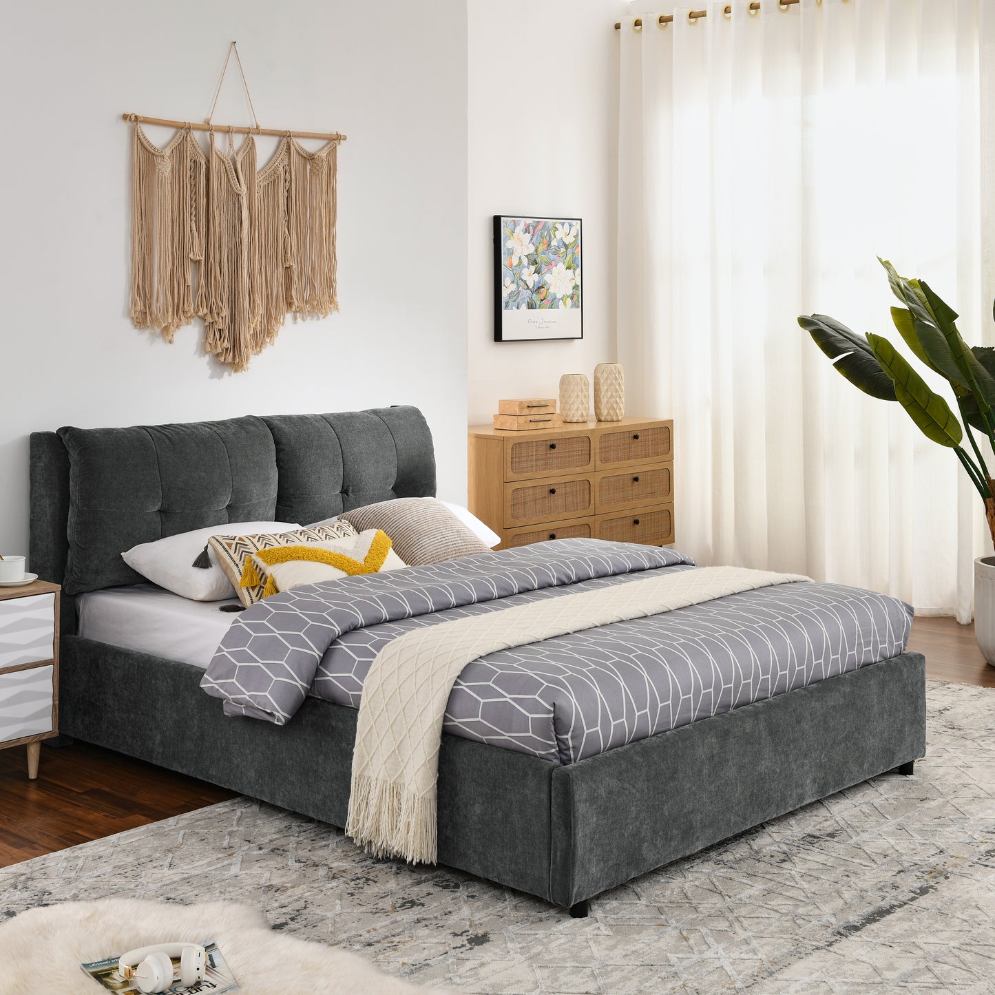 Cama tamaño queen con plataforma hidráulica tapizada, cabecero integrado, tela de chenilla, color gris