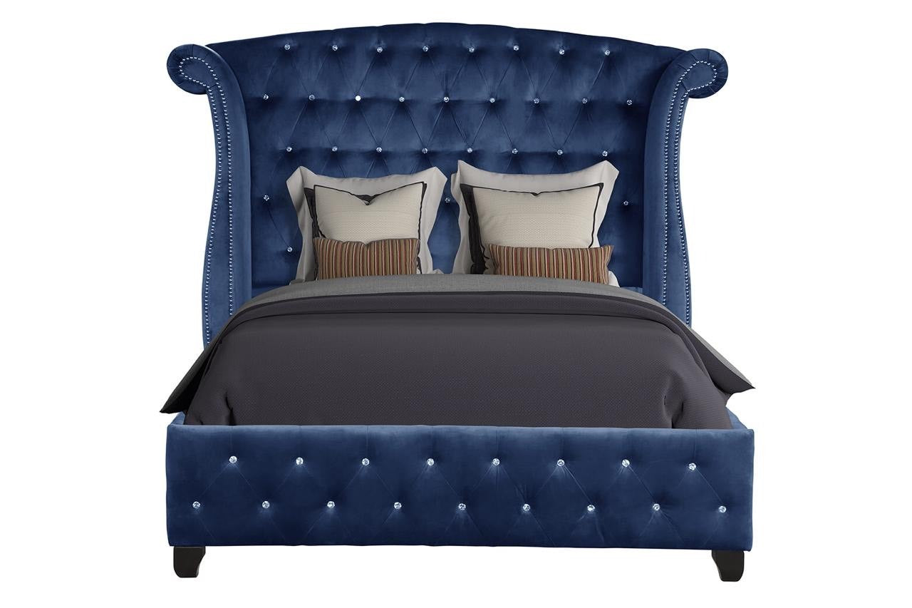 Modern Style Crystal Tufted Queen 4 Piece(Includes: Queen Size Bed, Nightstand, Vanity Set) Velvet Fabric Upholstery Vanity Bedroom Set Made with Wood in Blue