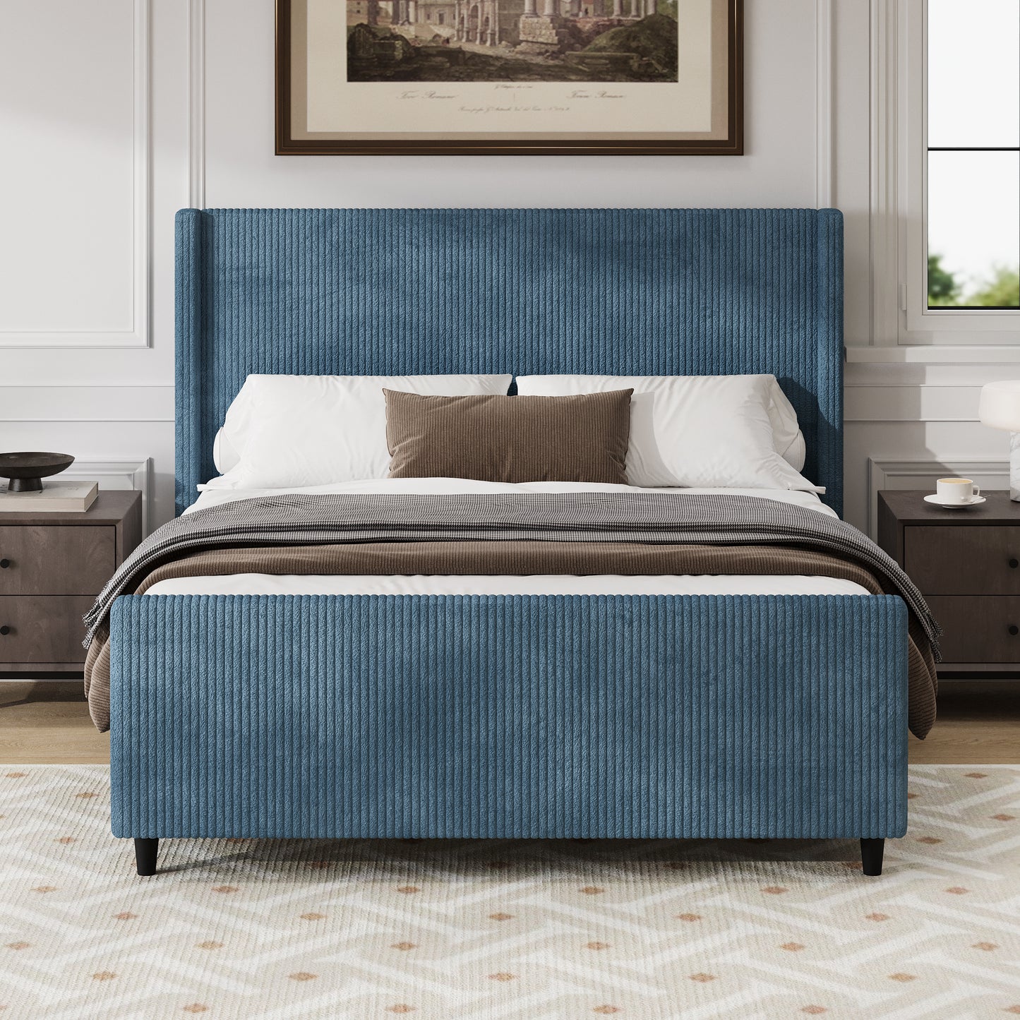 50.7'' High Headboard Corduroy Upholstered Bed Frame with Vertical Stripe Wingback and High Footboard No Box Spring Needed, Queen Size, Blue