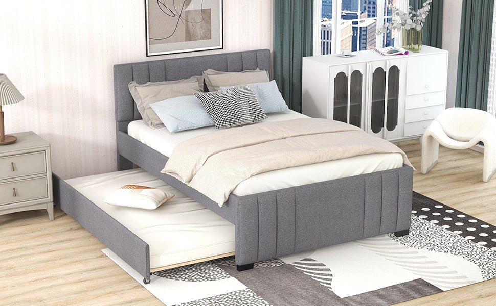 Full Upholstered Platform Bed with Trundle,Grey (OLD SKU:SM001006AAE)